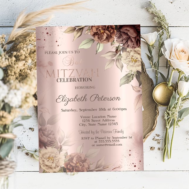 Invitación Moda Rosas de Terracota Rosa Bat de Oro Mitzvah (Subido por el creador)