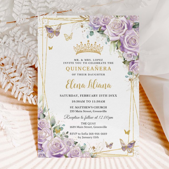 Invitación Moda Rosas Lilac Morado Oro Floral Quinceañera XV (Subido por el creador)
