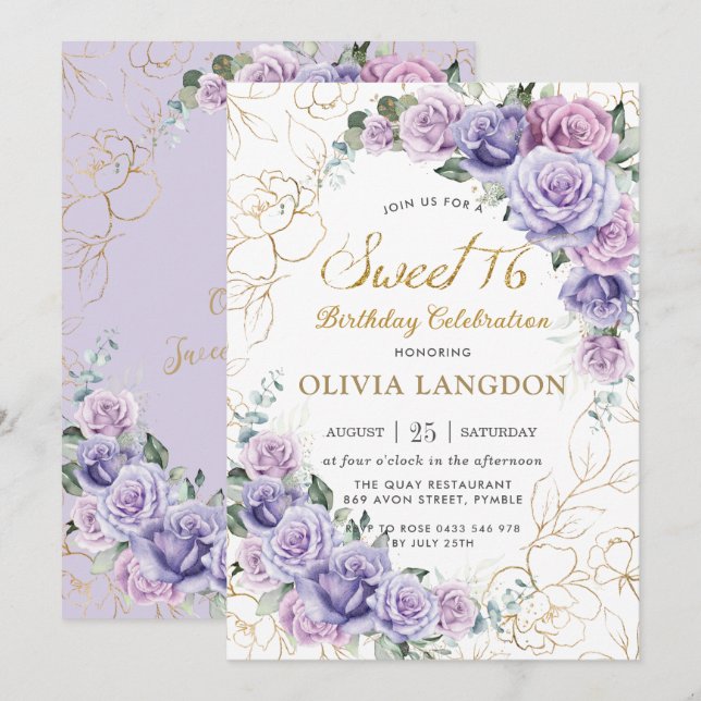 Invitación Moda Rosas moradas de lavanda de Lilac dulce 16 cu (Anverso / Reverso)