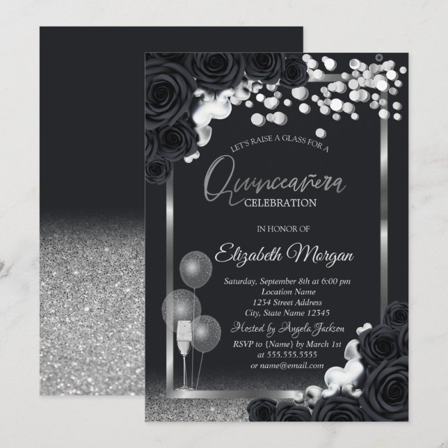 Invitación Moda Rosas negros globos de vidrio de vino Quincea (Anverso / Reverso)