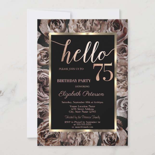 Invitación Moda Rosas oscuros Black 75th Birthday Party (Anverso)