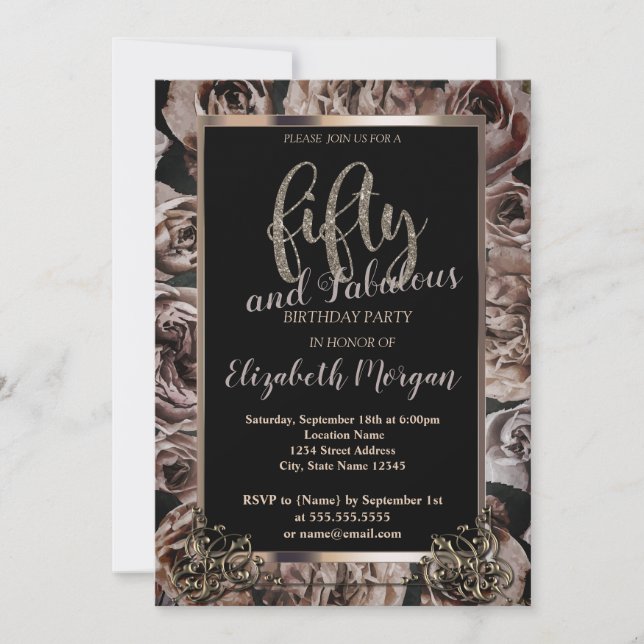 Invitación Moda Rosas oscuros enmarcan 50 cumpleaños (Anverso)