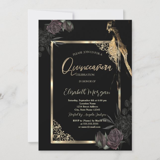 Invitación Moda Rosas oscuros marco dorado Quinceañera negro (Anverso)