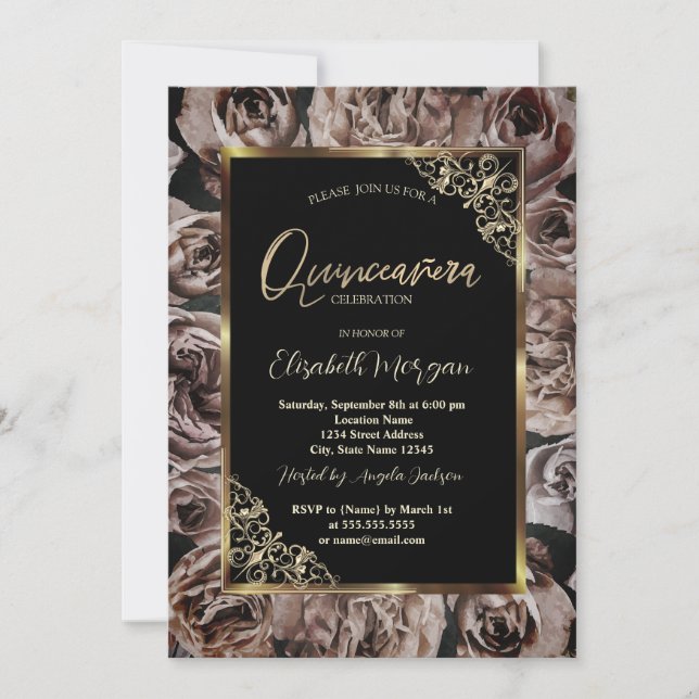 Invitación Moda Rosas oscuros marco dorado Quinceañera negro (Anverso)