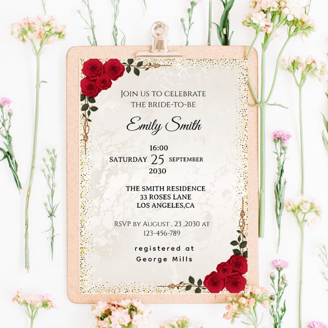 Invitación Moda Rosas Rojas Románticas y Ducha Bridal Relieve (Subido por el creador)