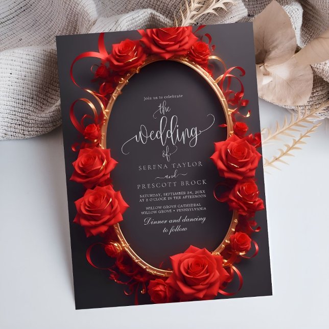 Invitación Moda Rosas rojos turcos Boda marco dorado (Subido por el creador)