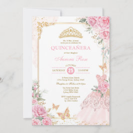 Invitación Moda Rosas Rosadas Crown Princesa Vestida Quinceañ
