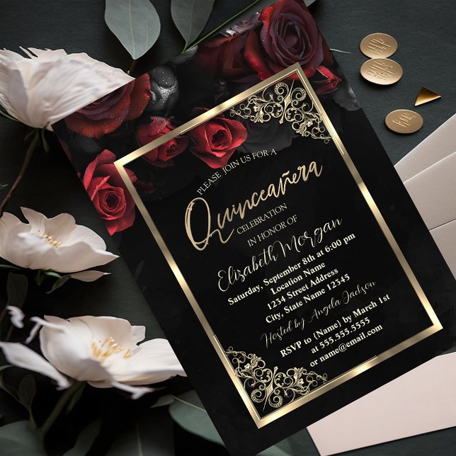 Invitación Moda Roses Roses Roses Marco de Oro Negro Quinceañ (Subido por el creador)
