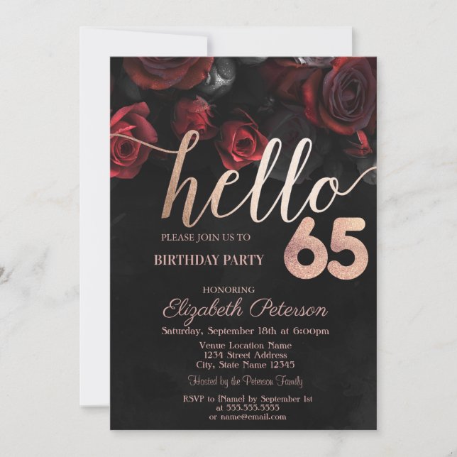 Invitación Moda Roses Roses Roses Negros 65 cumpleaños (Anverso)