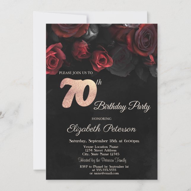 Invitación Moda Roses Roses Roses Negros 70 cumpleaños (Anverso)