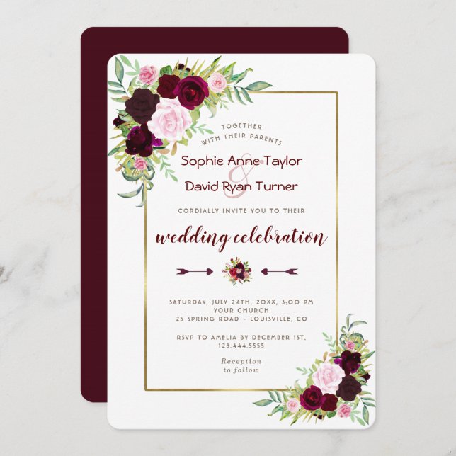 Invitación Moda Royal Burgundy Marsala Boda Floral (Anverso / Reverso)