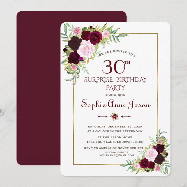 Invitación Moda Royal Burgundy Marsala Floral 30 cumpleaños (Anverso / Reverso)