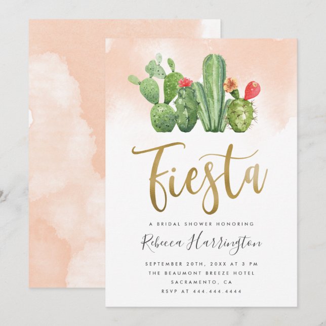 Invitación Moda Rubor acuarela Cactus Fiesta Bridal Shower (Anverso / Reverso)