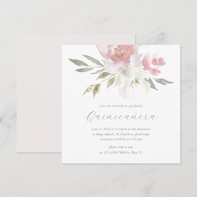 Invitación Moda Rubor acuarela Floral Quinceanera Foto (Anverso / Reverso)