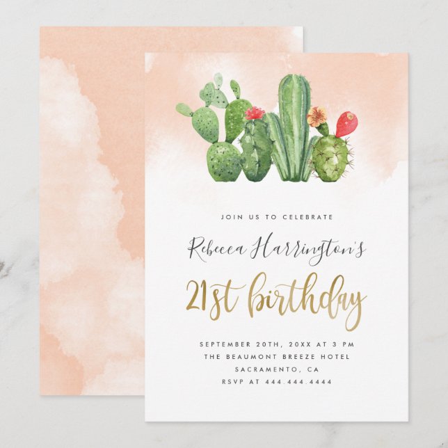 Invitación Moda Rubor acuarela y cactus 21º cumpleaños (Anverso / Reverso)
