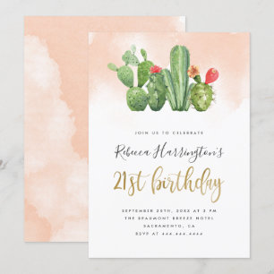 Invitación Moda Rubor Acuarela y Cactus 21º cumpleaños
