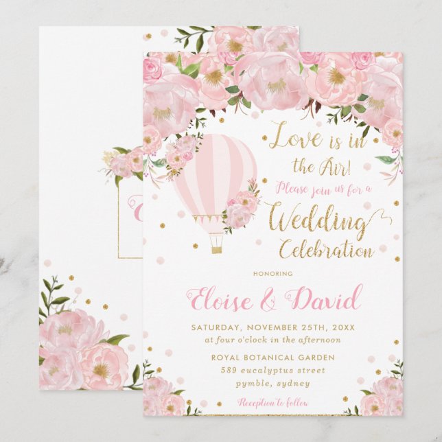 Invitación Moda Rubor Boda de globo de aire caliente rosado (Anverso / Reverso)
