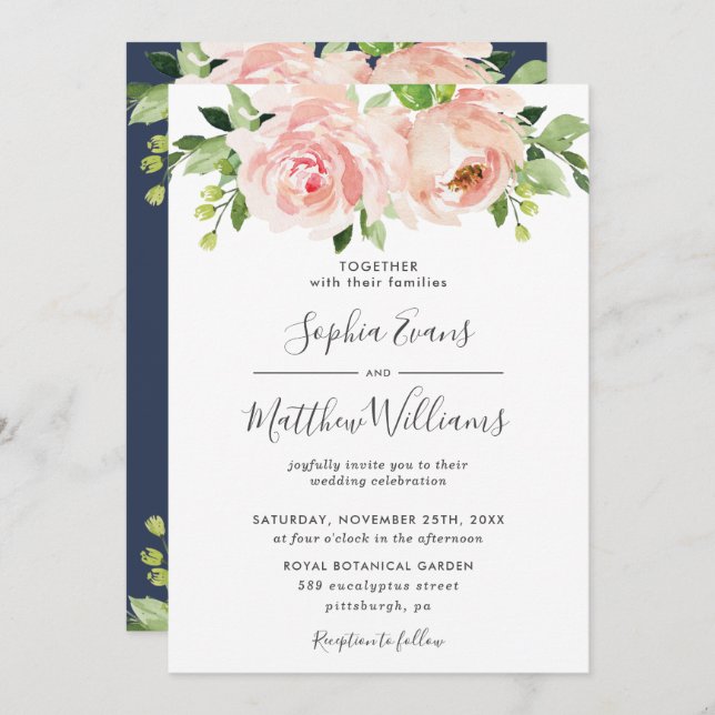 Invitación Moda Rubor Boda de vegetación floral rosa (Anverso / Reverso)