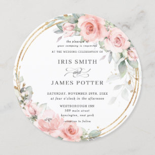 Invitación Moda Rubor Boda de verde de oro floral rosa suave 