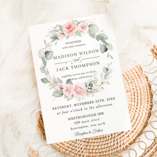 Invitación Moda Rubor Boda de Wreath Floral Rosa (Subido por el creador)