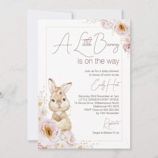 Invitación Moda Rubor Boho Floral Bunny Baby Shower (Anverso)