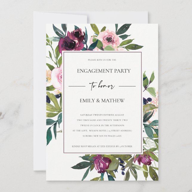 INVITACIÓN MODA RUBOR BURGUNDY FLORAL BUNCH PARTIDO DE COMPRO (Anverso)