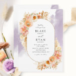 Invitación Moda Rubor Cream y Boda Óval de Lavender<br><div class="desc">Deléitese con esta elegante invitación de Wedding, que incluye exquisitos acuarelas florales rodeando los detalles de su boda sobre el marco oval y delicados suaves lavanda violeta y tonalidades de lila. Flores, follaje y pasto de pampas en una hermosa mezcla de melocotón, naranja, rosa rubor, crema y champán. Capacidad de...</div>
