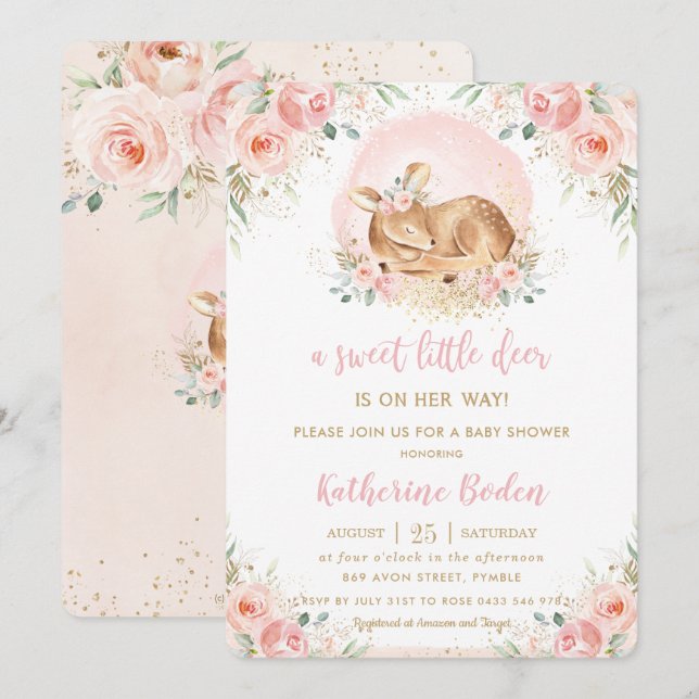 Invitación Moda Rubor Floral Baby Deer Chica Baby Shower (Anverso / Reverso)