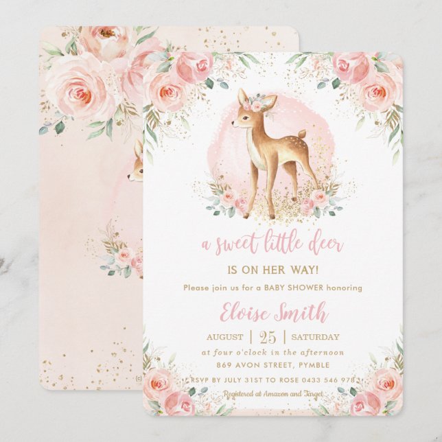Invitación Moda Rubor Floral Baby Deer Fawn Chica Baby Shower (Anverso / Reverso)