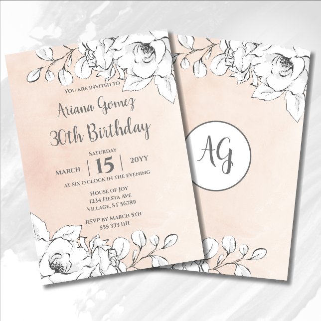 Invitación Moda Rubor Floral blanca rosa moderna 30 cumpleaño (Subido por el creador)