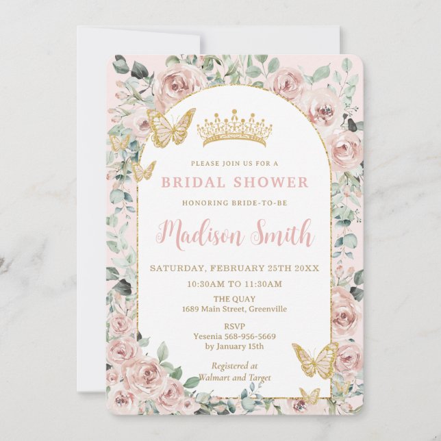 Invitación Moda Rubor Floral Butterflies Royal Bridal Shower (Anverso)