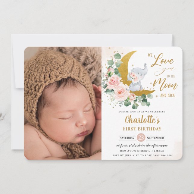Invitación Moda Rubor Floral Elephant Primer cumpleaños foto  (Anverso)