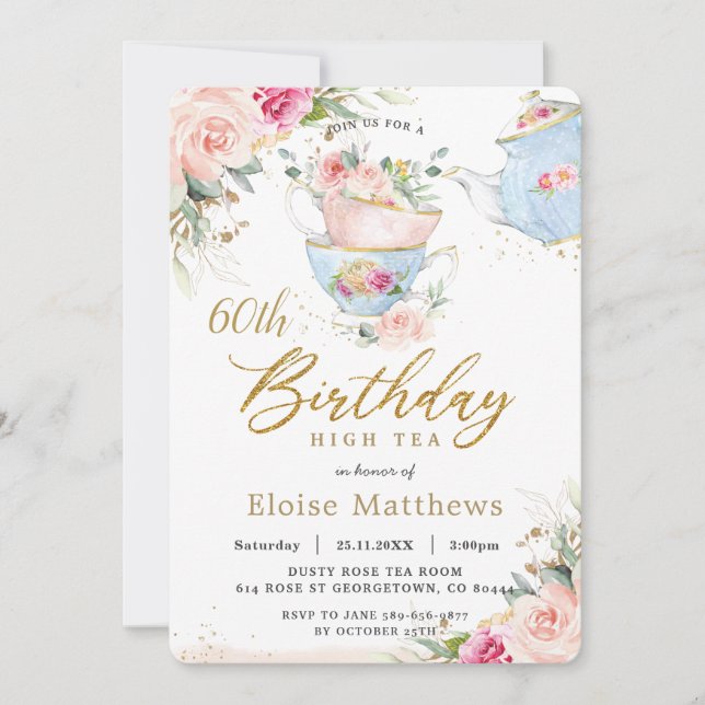 Invitación Moda Rubor Floral High Tea 60 cumpleaños (Anverso)