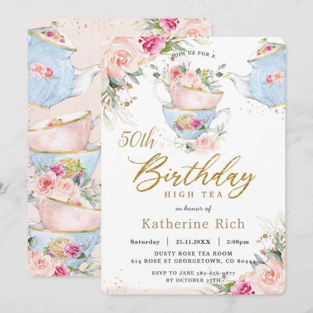 Invitación Moda Rubor Floral High Tea Birthday Party CUALQUIE (Anverso / Reverso)