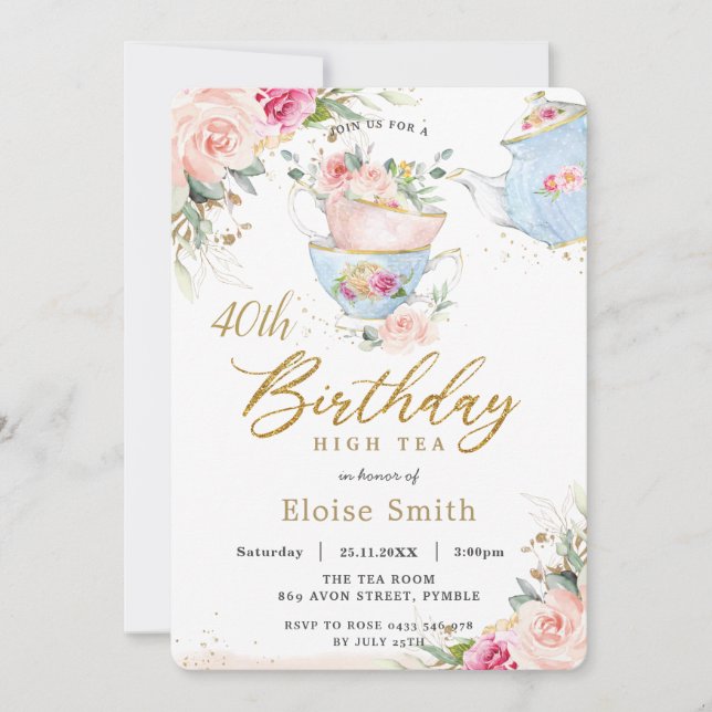 Invitación Moda Rubor Floral High Tea Birthday Party CUALQUIE (Anverso)