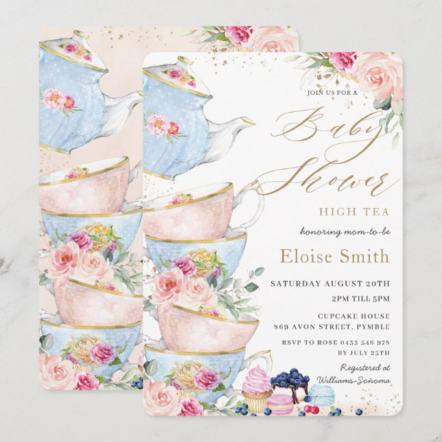 Invitación Moda Rubor Floral High Tea Fiesta Baby Shower (Anverso / Reverso)