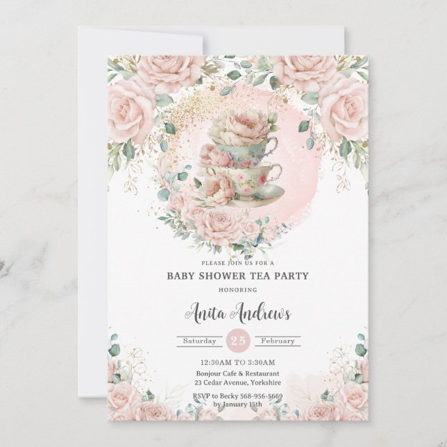 Invitación Moda Rubor Floral High Tea Fiesta Baby Shower (Anverso)