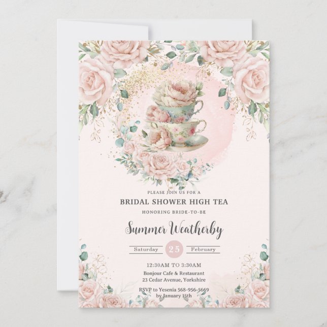 Invitación Moda Rubor Floral High Tea Fiesta Bridal Shower (Anverso)