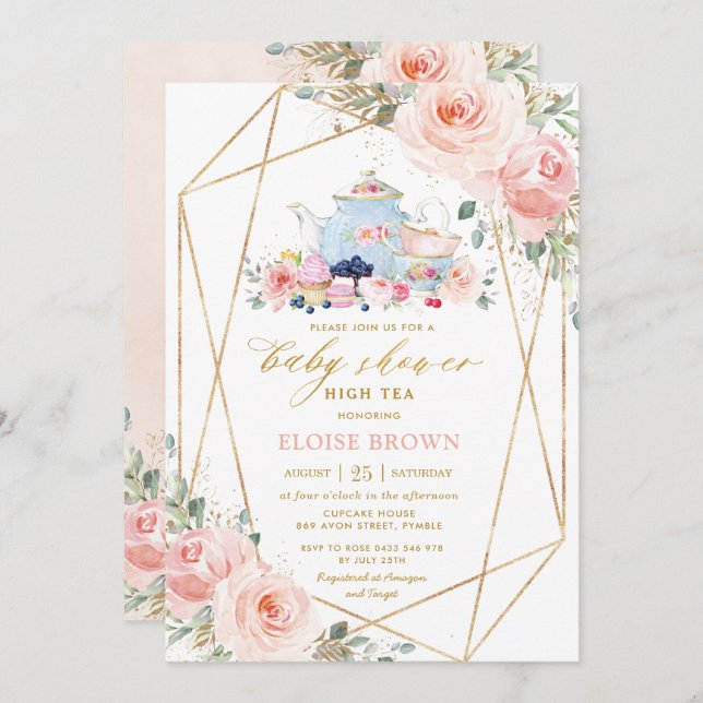 Invitación Moda Rubor Floral rosa alta de té Baby Shower (Anverso / Reverso)
