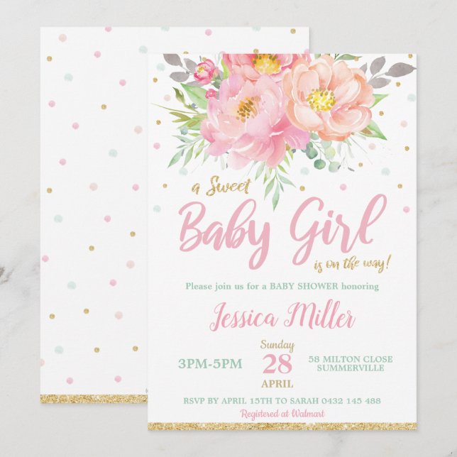Invitación Moda Rubor Floral Rosa Baby Shower Mint Baby Girl (Anverso / Reverso)