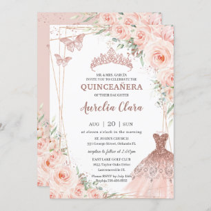 Invitación Moda Rubor Floral Rosa de oro vestido de traje de