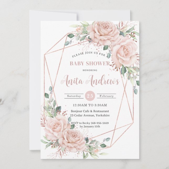 Invitación Moda Rubor Floral Rosa Gold Baby Shower Código QR (Anverso)