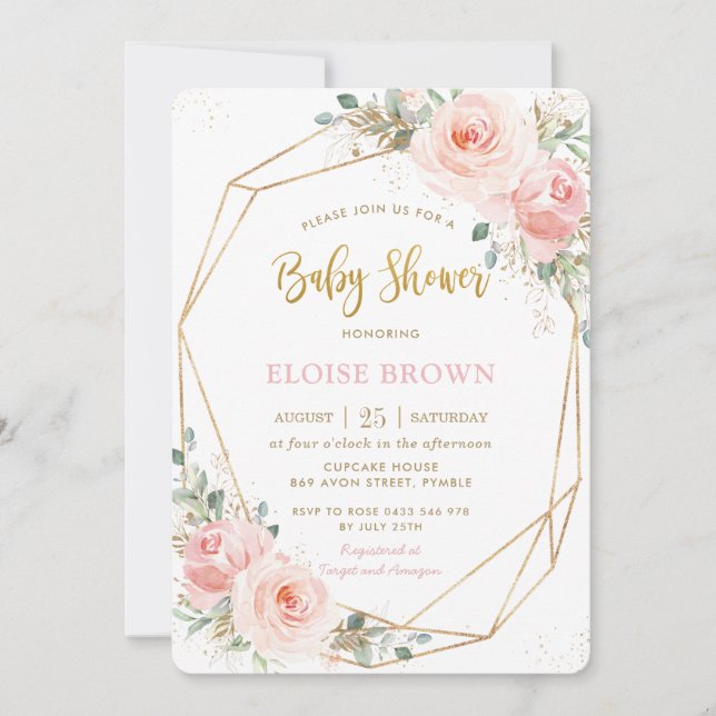 Invitación Moda Rubor Floral Rosa Gold Geométrico Baby Shower (Anverso)