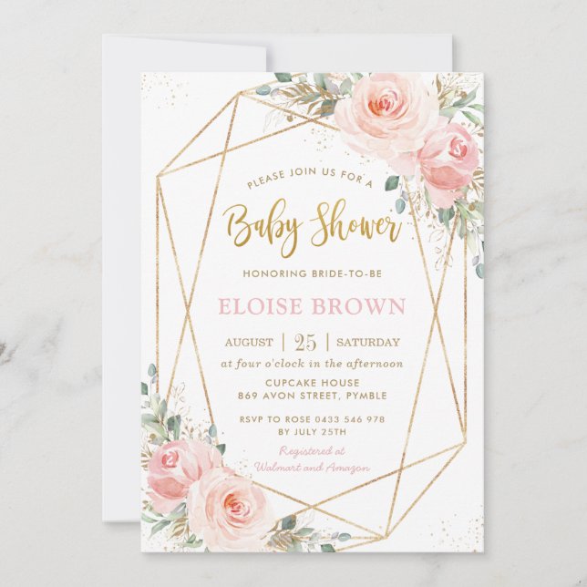 Invitación Moda Rubor Floral Rosa Gold Geométrico Baby Shower (Anverso)
