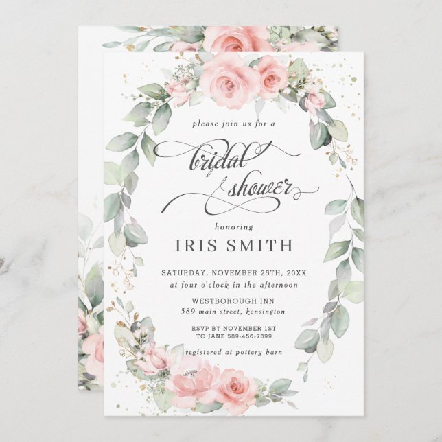 Invitación Moda Rubor Floral rosa Leafy Wreath Bridal Shower (Anverso / Reverso)