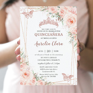 Invitación Moda Rubor Floral Rosa Mariposa de Oro Quinceañera