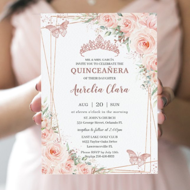 Invitación Moda Rubor Floral Rosa Mariposa de Oro Quinceañera (Subido por el creador)