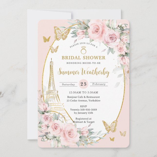 Invitación Moda Rubor Floral rosa Paris Eiffel Bridal Shower (Anverso)