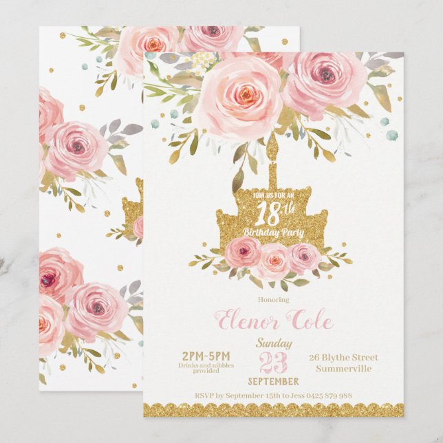 Invitación Moda Rubor Floral rosa pastel de cumpleaños número (Anverso / Reverso)