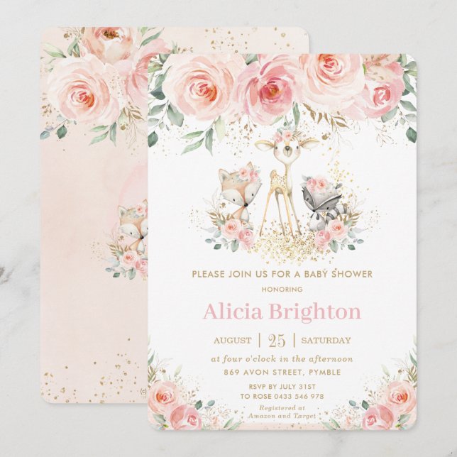 Invitación Moda Rubor Floral rosa Woodland Girly Baby Shower (Anverso / Reverso)